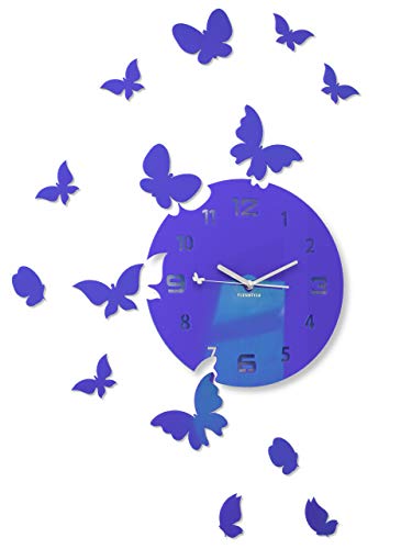 FLEXISTYLE Große Moderne Wanduhr Schmetterling rund 30cm, 15 Schmetterlinge, Wohnzimmer, Schlafzimmer, Kinderzimmer, Produkt in der EU hergestellt (Navi-Blau) von FLEXISTYLE