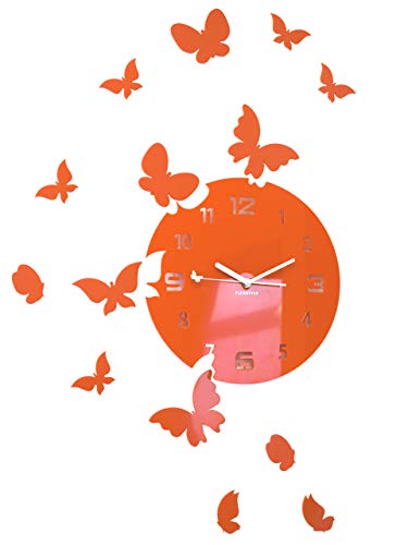 FLEXISTYLE Große Moderne Wanduhr Schmetterling rund 30cm, 15 Schmetterlinge, Wohnzimmer, Schlafzimmer, Kinderzimmer, Produkt in der EU hergestellt (Orange) von FLEXISTYLE