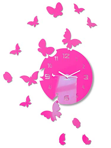 FLEXISTYLE Große Moderne Wanduhr Schmetterling rund 30cm, 15 Schmetterlinge, Wohnzimmer, Schlafzimmer, Kinderzimmer, Produkt in der EU hergestellt (Pink) von FLEXISTYLE