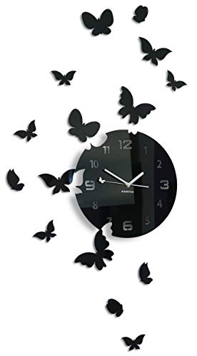 FLEXISTYLE Große Moderne Wanduhr Schmetterling rund 30cm, 15 Schmetterlinge, Wohnzimmer, Schlafzimmer, Kinderzimmer, Produkt in der EU hergestellt (Schwarz) von FLEXISTYLE