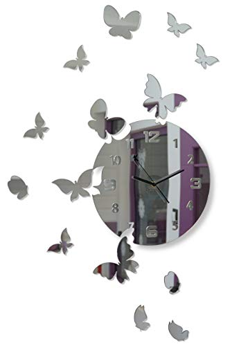 FLEXISTYLE Große Moderne Wanduhr Schmetterling rund 30cm, 15 Schmetterlinge, Wohnzimmer, Schlafzimmer, Kinderzimmer, Produkt in der EU hergestellt (Spiegel) von FLEXISTYLE