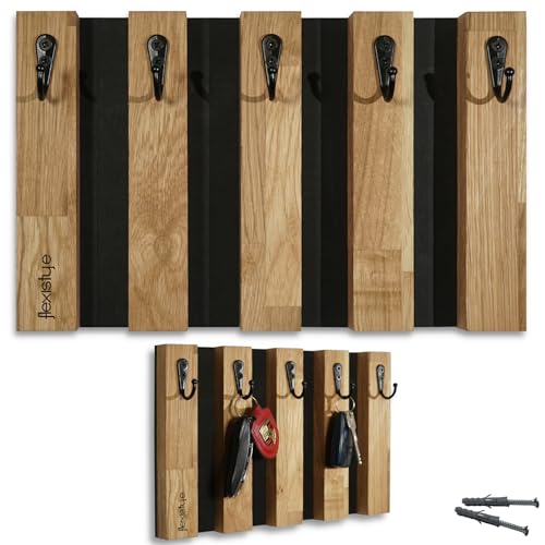 FLEXISTYLE Lamellen Schlüsselbrett Garderobenleiste Holz, Eiche, Hakenleiste, Kleiderhaken, Wandhaken, Edelstahl, Wandgarderobe, Garderobenpaneel, für Flur, Kinderzimmer, Schlafzimmer (30cm 5 Haken) von FLEXISTYLE