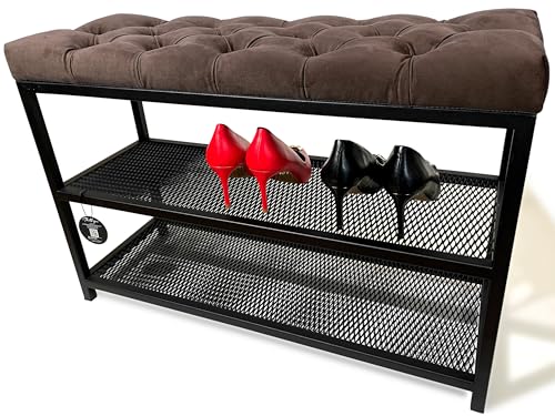 FLEXISTYLE Loft Schuhschrank mit sitzbank schwarz breit Holz Eiche gepolstert Metall Industrial Style (Braun, 80 cm breit) von FLEXISTYLE