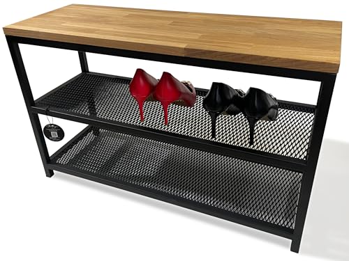 FLEXISTYLE Loft Schuhschrank mit sitzbank schwarz breit Holz Eiche gepolstert Metall Industrial Style (Eiche, 80 cm breit) von FLEXISTYLE