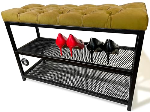 FLEXISTYLE Loft Schuhschrank mit sitzbank schwarz breit Holz Eiche gepolstert Metall Industrial Style (Golden, 80 cm breit) von FLEXISTYLE