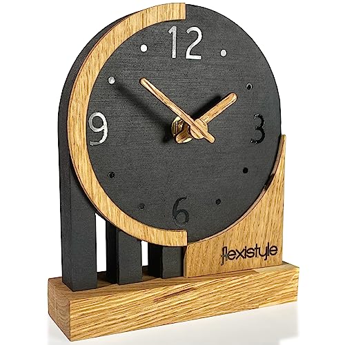 FLEXISTYLE Modern standuhr klein aus Holz Eiche Wohnzimmer Badezimmer (Style 3), Shwarz/Oak, Schwarz von FLEXISTYLE