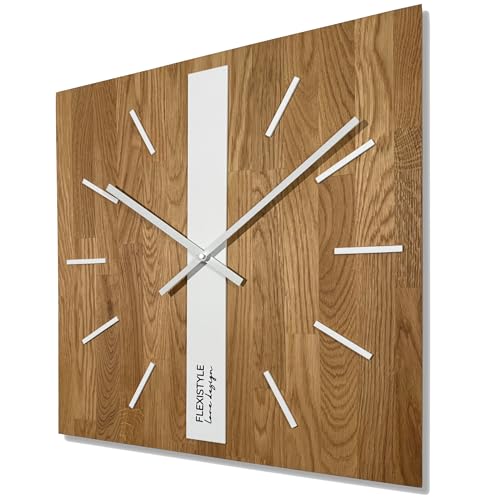FLEXISTYLE Modern wanduhr ohne tickgeräusche modern wanduhren Holz Badezimmer Wohnzimmer Eiche (Weiß Eckig, 50cm) von FLEXISTYLE