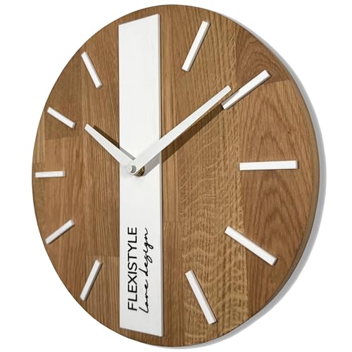 FLEXISTYLE Modern wanduhr ohne tickgeräusche modern wanduhren Holz Badezimmer Wohnzimmer Eiche (Weiß Runden, 30cm) von FLEXISTYLE