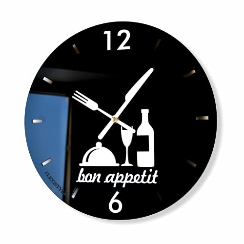 Moderne Küchenuhr Bon Appetit rund 30cm, 3d, schwarz & Weiß von FLEXISTYLE