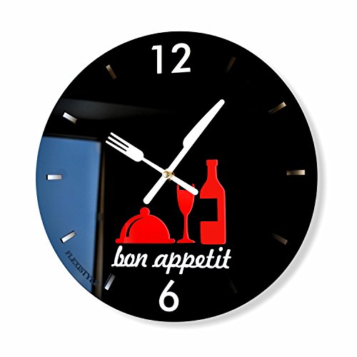 FLEXISTYLE Moderne Küchenuhr Bon Appetit rund 30cm, 3D, schwarz & rot von FLEXISTYLE