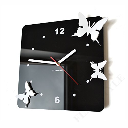 FLEXISTYLE Moderne Wanduhr Fliegende Schmetterlinge 3D Wohnzimmer Schlafzimmer Modern Deko (Schwarz), 30 cm von FLEXISTYLE