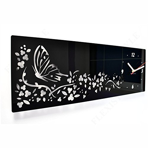 Moderne Wanduhr Schmetterling in Blumen, rechteckig 20 x 60 cm, schwarz, Wohnzimmer, Schlafzimmer von FLEXISTYLE