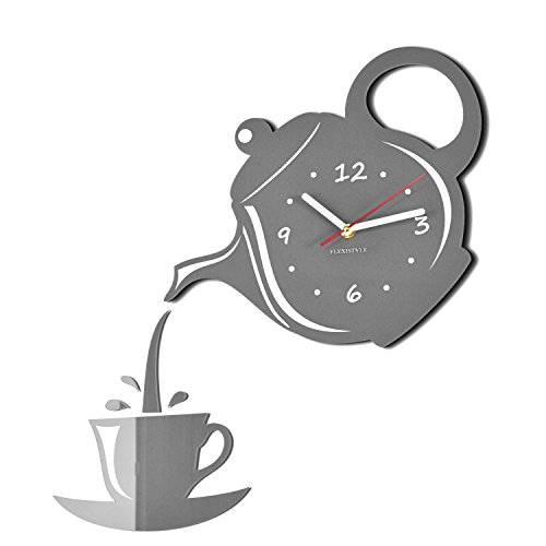 FLEXISTYLE Moderne Wanduhr für die Küche Tasse Und Kanne, 45 cm x 45 cm, 3D, leise, Design, Made in EU (Grau) von FLEXISTYLE