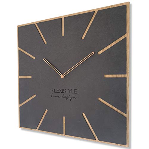 FLEXISTYLE Moderne große Wanduhr Exact ECO 50cm, Stille, Wohnzimmer, Schlafzimmer, Made in EU (Schwarz (Antracyt) & Holz Eiche) von FLEXISTYLE