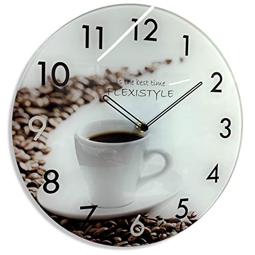 FLEXISTYLE Originelle, natürliche Glaswanduhr Coffee 30cm, leise, Nicht tickend, Küche, Esszimmer, Made in EU von FLEXISTYLE