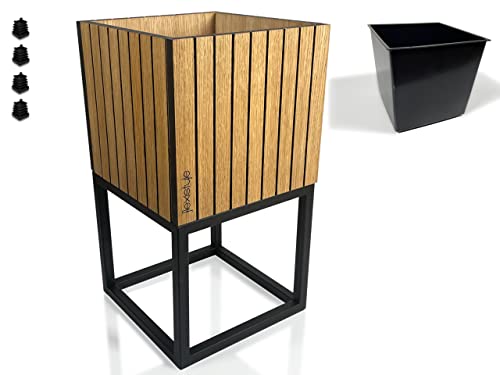 FLEXISTYLE Pflanzenständer LOFT FIORINO Metall Eiche Holz Lamelle Blumenständer Schwarz Blumentopf mit Beinen Hohe Blumentöpfe Loft Style viele Dimensionen Made in EU (22x22x40cm) von FLEXISTYLE