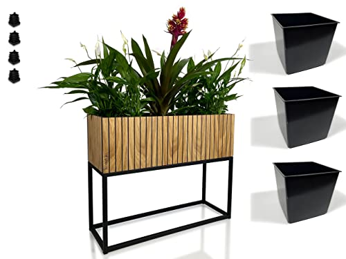 FLEXISTYLE Pflanzenständer LOFT FIORINO Metall Eiche Holz Lamelle Blumenständer Schwarz Blumentopf mit Beinen Hohe Blumentöpfe Loft Style viele Dimensionen Made in EU (22x62x50cm) von FLEXISTYLE