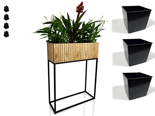 FLEXISTYLE Pflanzenständer LOFT FIORINO Metall Eiche Holz Lamelle Blumenständer Schwarz Blumentopf mit Beinen Hohe Blumentöpfe Loft Style viele Dimensionen Made in EU (22x62x80cm) von FLEXISTYLE