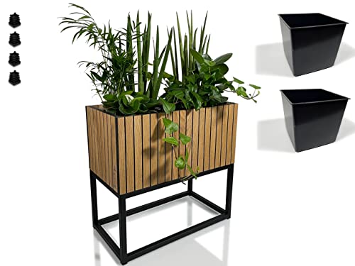 FLEXISTYLE Pflanzenständer LOFT FIORINO Metall Eiche Holz Lamelle Blumenständer Schwarz Blumentopf mit Beinen Hohe Blumentöpfe Loft Style viele Dimensionen Made in EU von FLEXISTYLE
