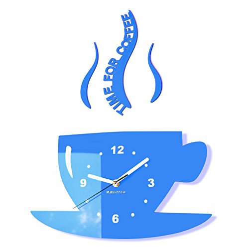 FLEXISTYLE Tasse Time for Coffee (Zeit für Kaffee) Moderne Küche Wanduhr blau, 3D römisch, wanduhr deko von FLEXISTYLE
