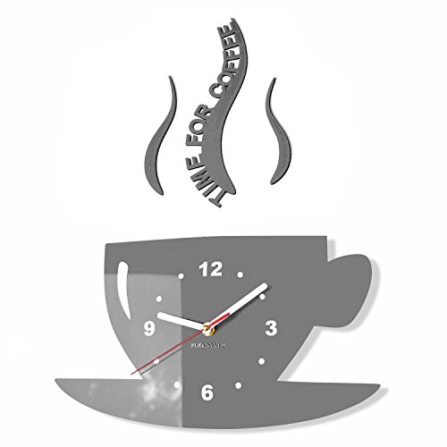 FLEXISTYLE Tasse Time for Coffee (Zeit für Kaffee) Moderne Küche Wanduhr grau, 3D römisch, wanduhr deko von FLEXISTYLE