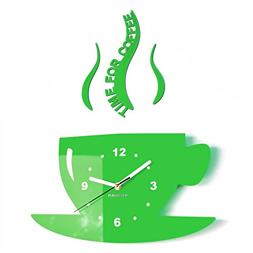 FLEXISTYLE Tasse Time for Coffee (Zeit für Kaffee) Moderne Küche Wanduhr grün, 3D römisch, wanduhr deko, 32 x 19 cm von FLEXISTYLE