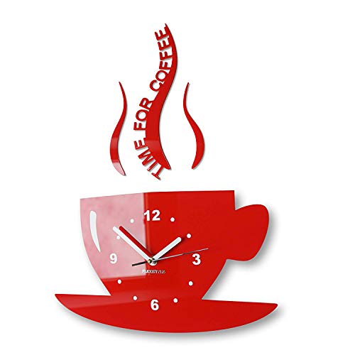 FLEXISTYLE Tasse Time for Coffee (Zeit für Kaffee) Moderne Küche Wanduhr rot, 3D römisch, wanduhr deko, 32 x 19 von FLEXISTYLE