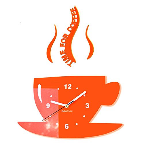 FLEXISTYLE Tasse Time for Coffee Moderne Küche (Zeit für Kaffee) Wanduhr, orange, 3D römisch, wanduhr deko, 32 x 19 cm von FLEXISTYLE