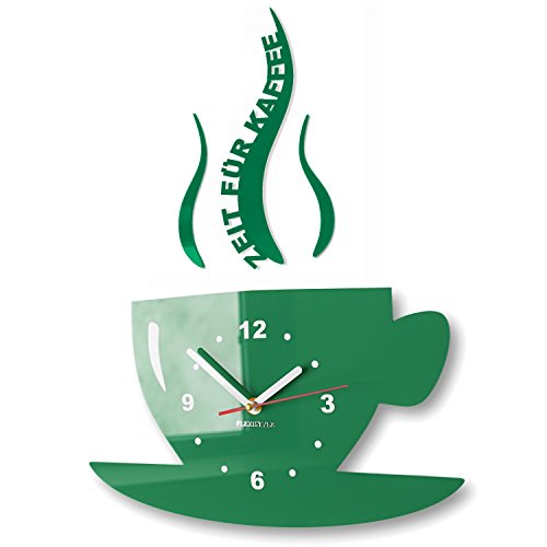 FLEXISTYLE Tasse Zeit für Kaffee Moderne Küche Wanduhr, 3D römisch, wanduhr deko (dunkelgrün) von FLEXISTYLE