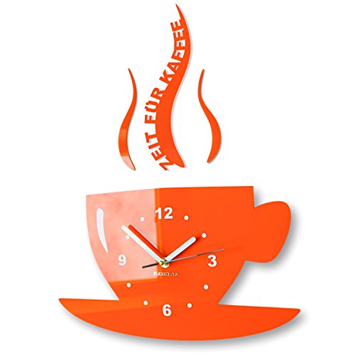 FLEXISTYLE Tasse Zeit für Kaffee Moderne Küche Wanduhr, 3D römisch, wanduhr deko (orange) von FLEXISTYLE