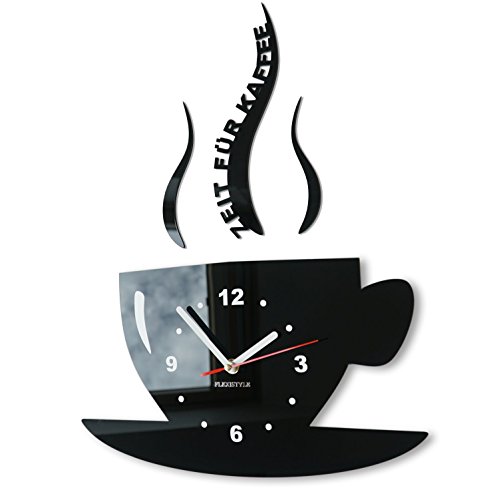 FLEXISTYLE Tasse Zeit für Kaffee Moderne Küche Wanduhr, 3D römisch, wanduhr deko (schwarz) von FLEXISTYLE