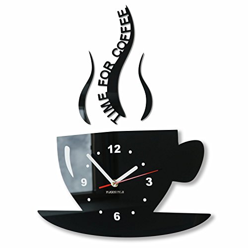 FLEXISTYLE Tasse Zeit für Kaffee Moderne Küche Wanduhr, schwarz, 3D römisch, wanduhr deko von FLEXISTYLE