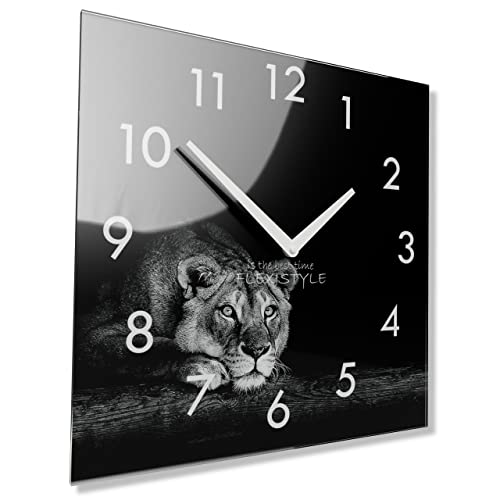 FLEXISTYLE Wanduhr Eckig Wohnzimmer, 30 x 30 cm, aus Glas, mit Direktdruck modern ohne tickgeräusche Tiere (Löwe) von FLEXISTYLE
