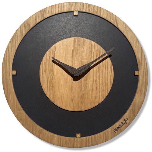 FLEXISTYLE Wanduhr Oak Flow 30 cm ohne tickgeräusche modern schwarz küche Natur Wohnzimmer jugendzimmer Quarz (Eiche, 30cm) von FLEXISTYLE