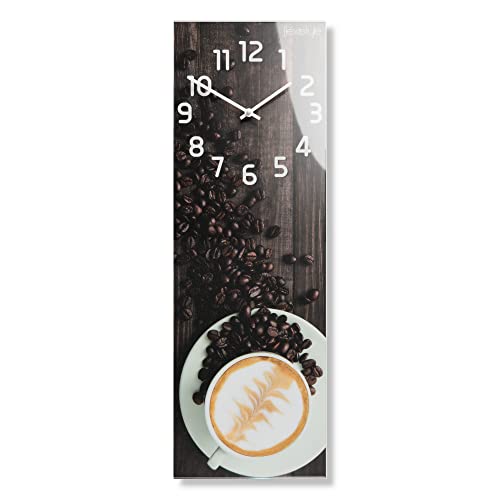 FLEXISTYLE Wanduhr Rechteckig 20 x 60 cm, aus Glas, mit Direktdruck küche modern länglich ohne tickgeräusche Kaffee KAFFEETASSE von FLEXISTYLE