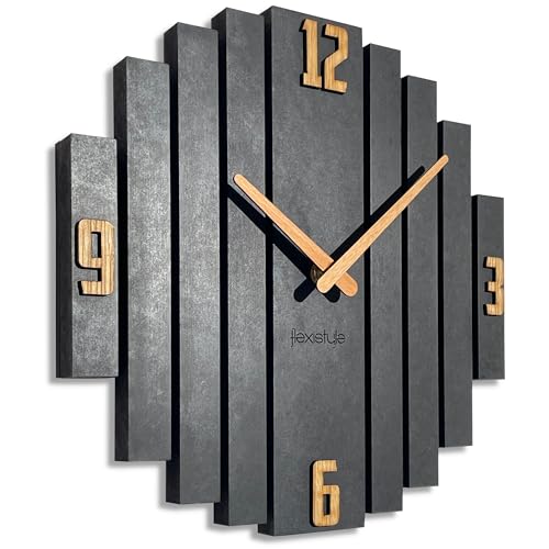 FLEXISTYLE Wanduhr Symmetry wanduhr Eiche Badezimmer Wohnzimmer Holz modernDurchmesser ohne tickgeräusche holzoptik (Schwarz, 30cm) von FLEXISTYLE
