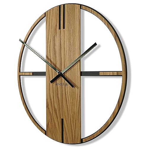 FLEXISTYLE Wanduhr aus Metall Unique für Wohnzimmer, Schlafzimmer, Büro, 50 cm Durchmesser, modernes Design ohne tickgeräusche (Schwarz & Holz) von FLEXISTYLE