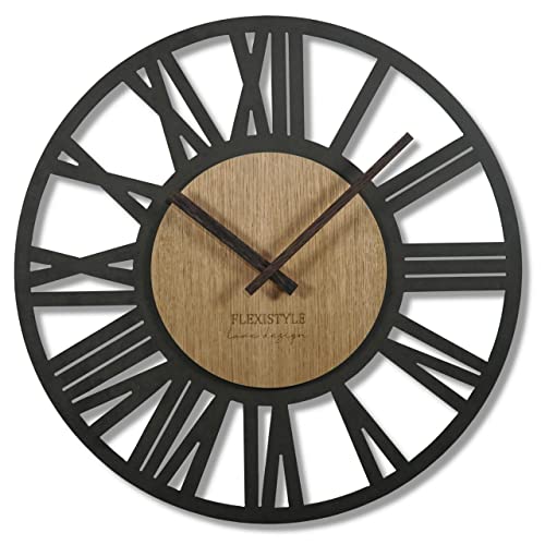 FLEXISTYLE groß Adulto 50cm Durchmesser LOFT aus Holz Eiche ohne tickgeräusche Wohnzimmer (Shwarz/Eiche), z219-1/1ad-d9-x 50cm von FLEXISTYLE
