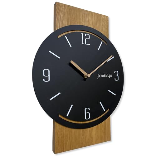 FLEXISTYLE Wanduhr groß Geometrisch 40cm ohne tickgeräusche Holz holzoptik Wohnzimmer jugendzimmer (Eiche/Schwarz) von FLEXISTYLE