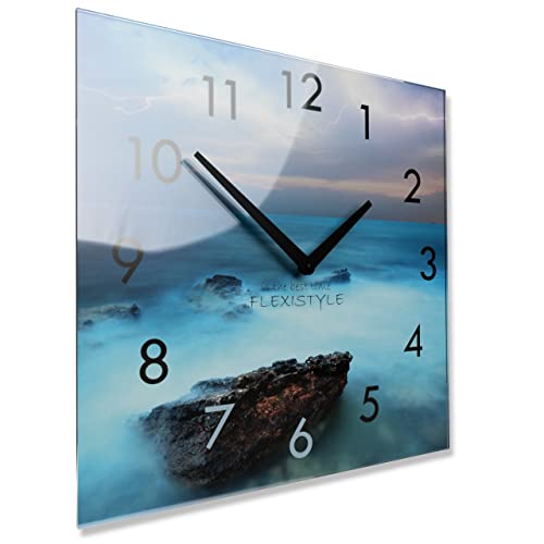 FLEXISTYLE Wanduhr küche Wohnzimmer 30 x 30 cm, aus Glas, mit Direktdruck eckig modern (Ozean) von FLEXISTYLE