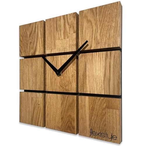 FLEXISTYLE Wanduhr modern Harmony Holz Eiche quadratisch schwarz ohne tickgeräusche Badezimmer Wohnzimmer jugendzimmer (Eiche, 30cm) von FLEXISTYLE