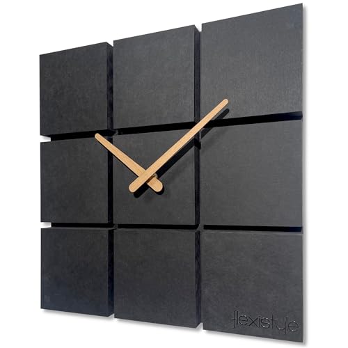 FLEXISTYLE Wanduhr modern Harmony Holz Eiche quadratisch schwarz ohne tickgeräusche Badezimmer Wohnzimmer jugendzimmer (Schwarz, 30cm) von FLEXISTYLE