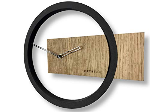 FLEXISTYLE Wanduhr ohne tickgeräusche Holz Eiche Wood Oak 1 Schwarz 32cm, Wohnzimmer, Schlafzimmer, in EU hergestellt von FLEXISTYLE