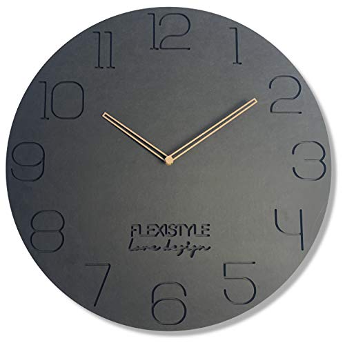 FLEXISTYLE Groß wanduhr ohne tickgeräusche ECO Schwarz wie Anthrazit 50cm Durchmesser, modern Wohnzimmer, Schlafzimmer, in Europa hergestellt von FLEXISTYLE