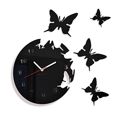 FLEXISTYLE Große Moderne Wanduhr Schmetterling Schwarz rund 30cm, 3D DIY, Wohnzimmer, Schlafzimmer, Kinderzimmer von FLEXISTYLE