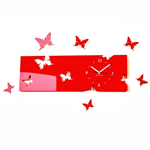 FLEXISTYLE Große Moderne Wanduhr Schmetterling rot Querformat 20 x 60 cm, 3D DIY, Wohnzimmer, Schlafzimmer, Kinderzimmer von FLEXISTYLE