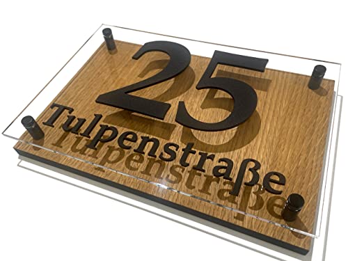 Hausnummer-Schild Adressschild haus hauswand personalisiert holz eiche plexiglass 3d individuelles design (Eichenmuster 1) von FLEXISTYLE