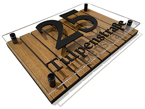 Hausnummer-Schild Adressschild haus hauswand personalisiert holz eiche plexiglass 3d individuelles design (Lamellenmuster 1) von FLEXISTYLE