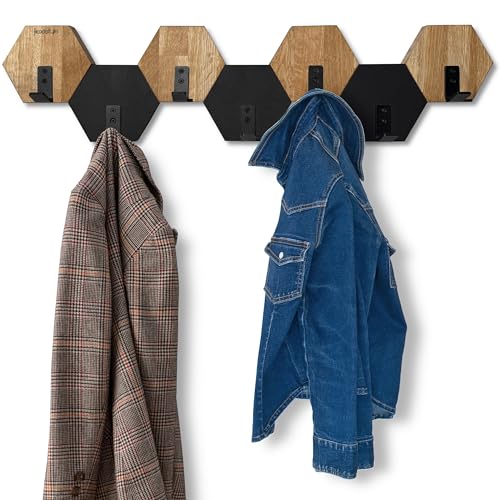 Kleiderhaken Hexagon wand Wandgarderobe Garderobe Holz Eiche schwarz design modern jugendzimmer badezimmer natur (Schwarz/Eiche, 77) von FLEXISTYLE