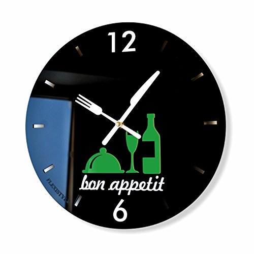 Moderne Küchenuhr Bon Appetit rund 30cm, 3d, schwarz & grau von FLEXISTYLE